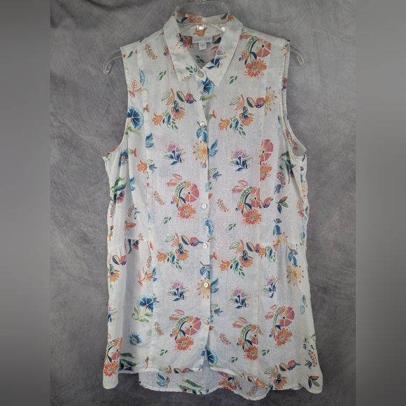 J. Jill Medium 100% Linen Sleeveless Tiered Button Down Shirt Floral - Picture 1 of 10